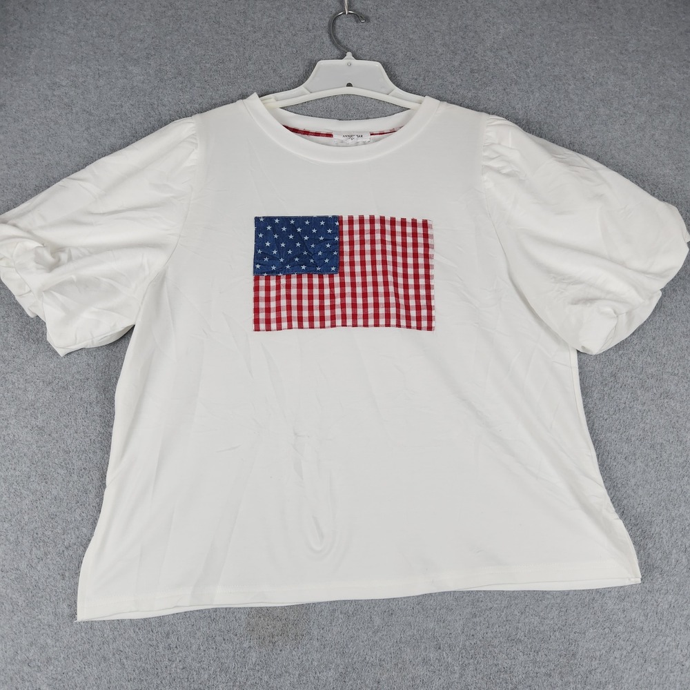 Anniewear Top Womens XL White Gingham USA Flag Puff Sleeve Summer Crew Neck Tee